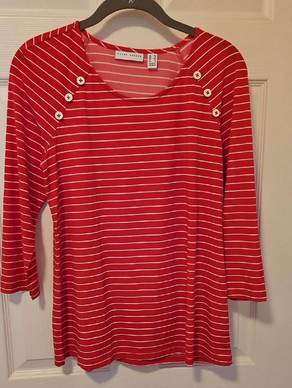 Susan Graver Red and White Striped Long-Sleeve Top with Shoulder Buttons